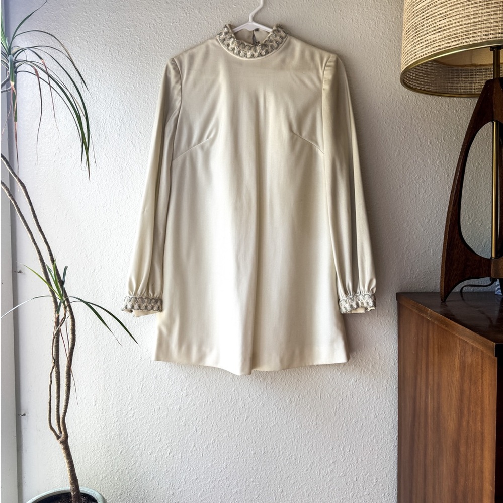 1960s Ivory Sparkly Micro Mini Tent Dress with Long Sleeves and Beaded Trim